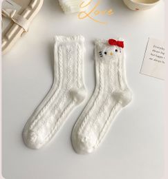 Sanrio Women's Socks Hello Kitty Kuromi Mymelody High Quality Fashion Mid Tube Jk Kawaii Breathable Cute Stockings Girl Gift (Color: Hellokitty side view)